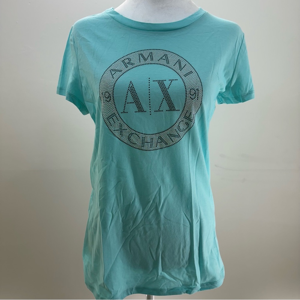 💎 Armani Exchange Aqua Blue Rhinestone Logo Tee (NWT) - Picture 7 of 14